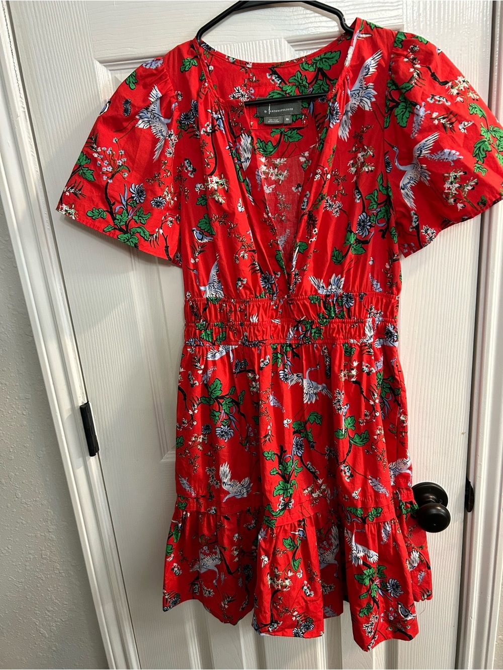 Anthropologie Somerset Mini Dress XS Red Crane Bird Floral Smocked Cotton Boho